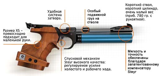 Спортивный пневматический пистолет Steyr LP-2 Junior (Compact) - основные элементы конструкции.