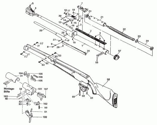 Взрыв-схема пневматической винтовки Diana 46 и ее спускового механизма