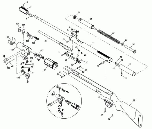 Диана 460 Магнум - взрыв-схема пневматической винтовки и спускового механизма