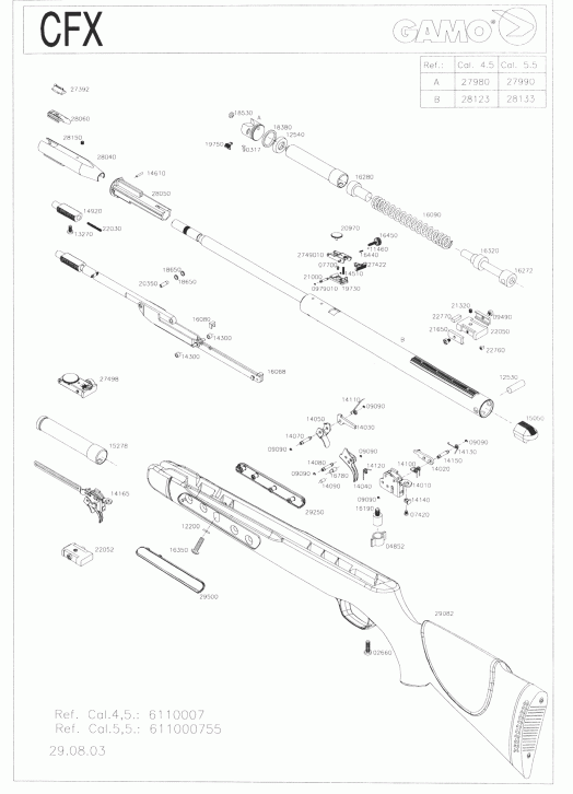 Взрыв-схема пневматической винтовки Gamo CFX (Royal)