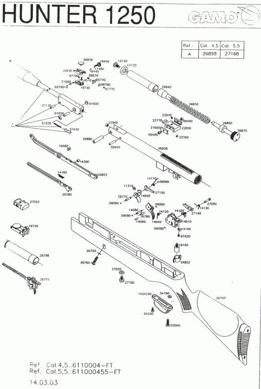 Взрыв-схема пневматической винтовки Gamo Hunter 1250.
