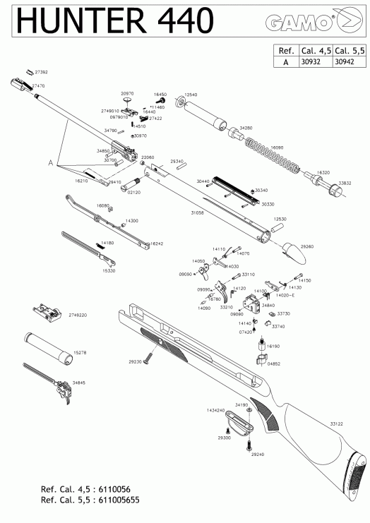 Взрыв-схема пневматической винтовки Gamo Hunter 440