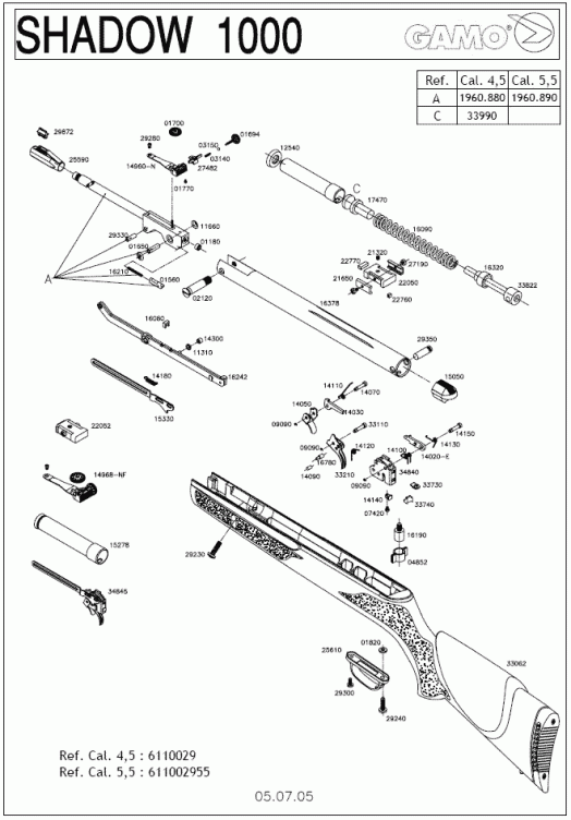 Взрыв-схема пневматической пружинно-поршневой винтовки Gamo Shadow 1000