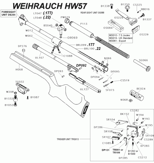 Weihrauch HW 57 - взрыв-схема винтовки и спускового механизма